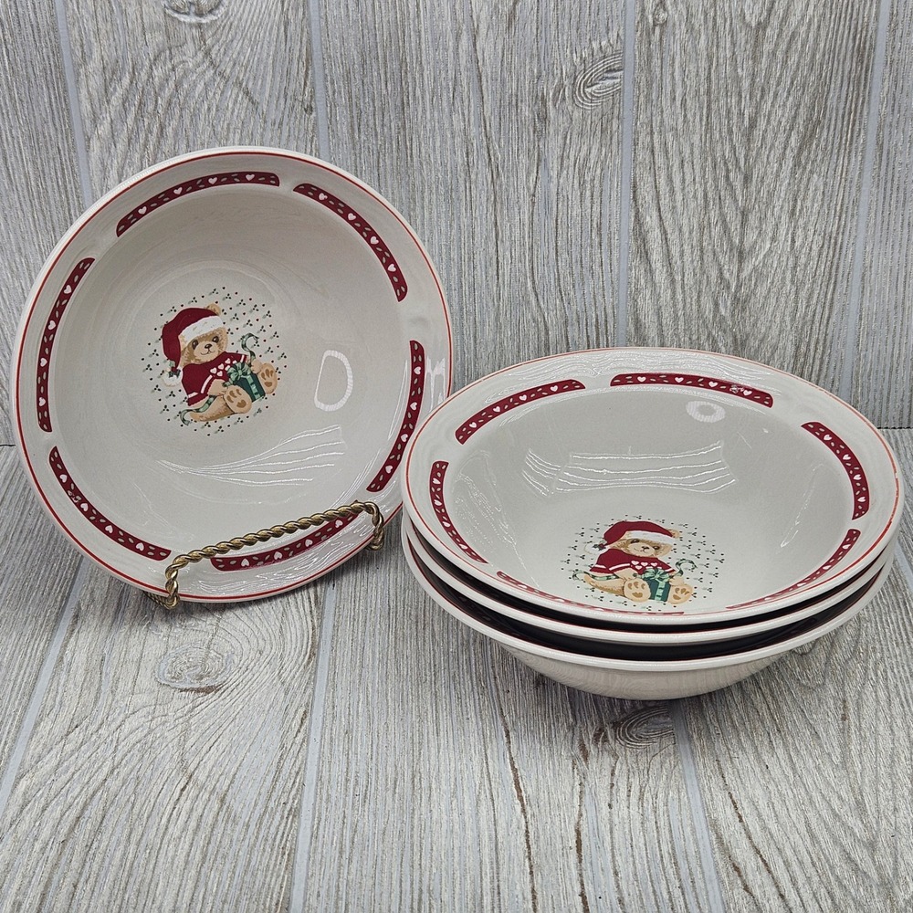Tienshan Country Christmas Teddy Bear Stoneware Cereal Bowls Set of 4